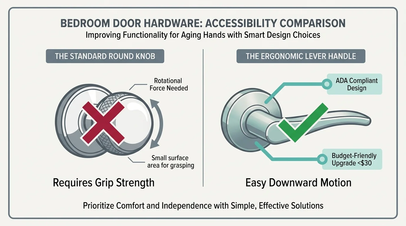 A diagram comparing a difficult-to-turn round doorknob with an easy-to-use ergonomic lever handle for bedroom doors.