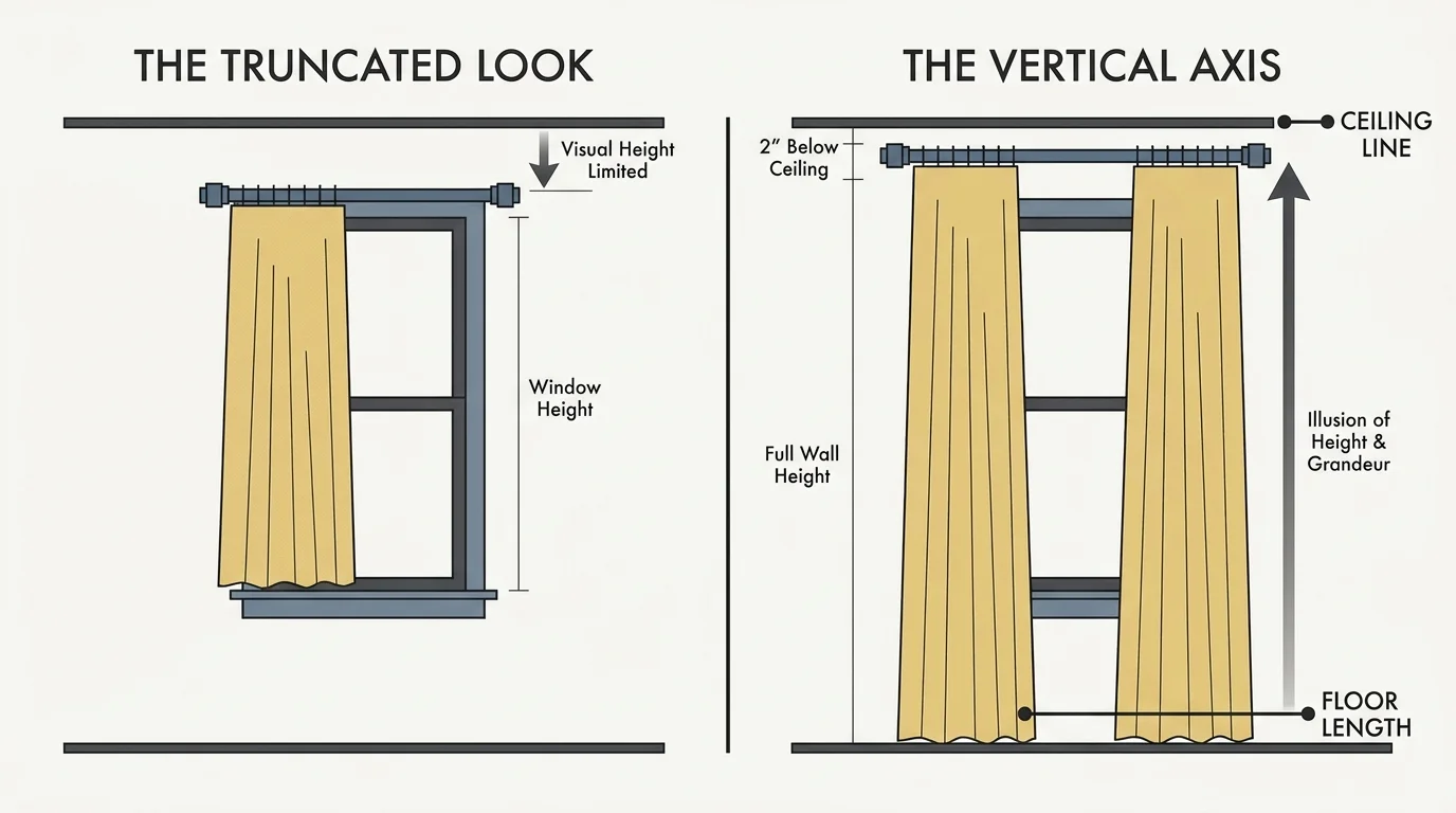 A diagram comparing curtains hung at the window frame versus curtains hung near the ceiling to show the height difference.