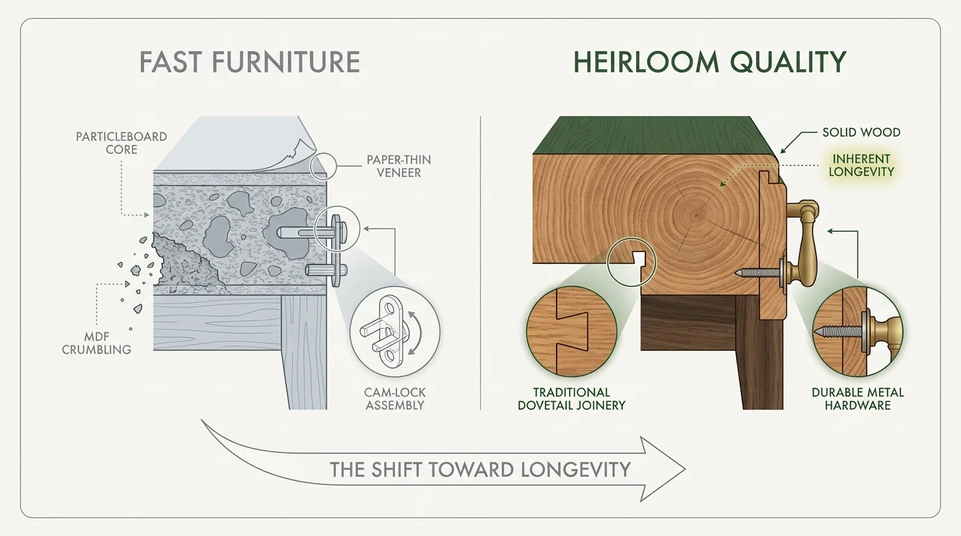 A diagram comparing the interior construction of cheap particleboard furniture versus solid wood furniture with dovetail joints.