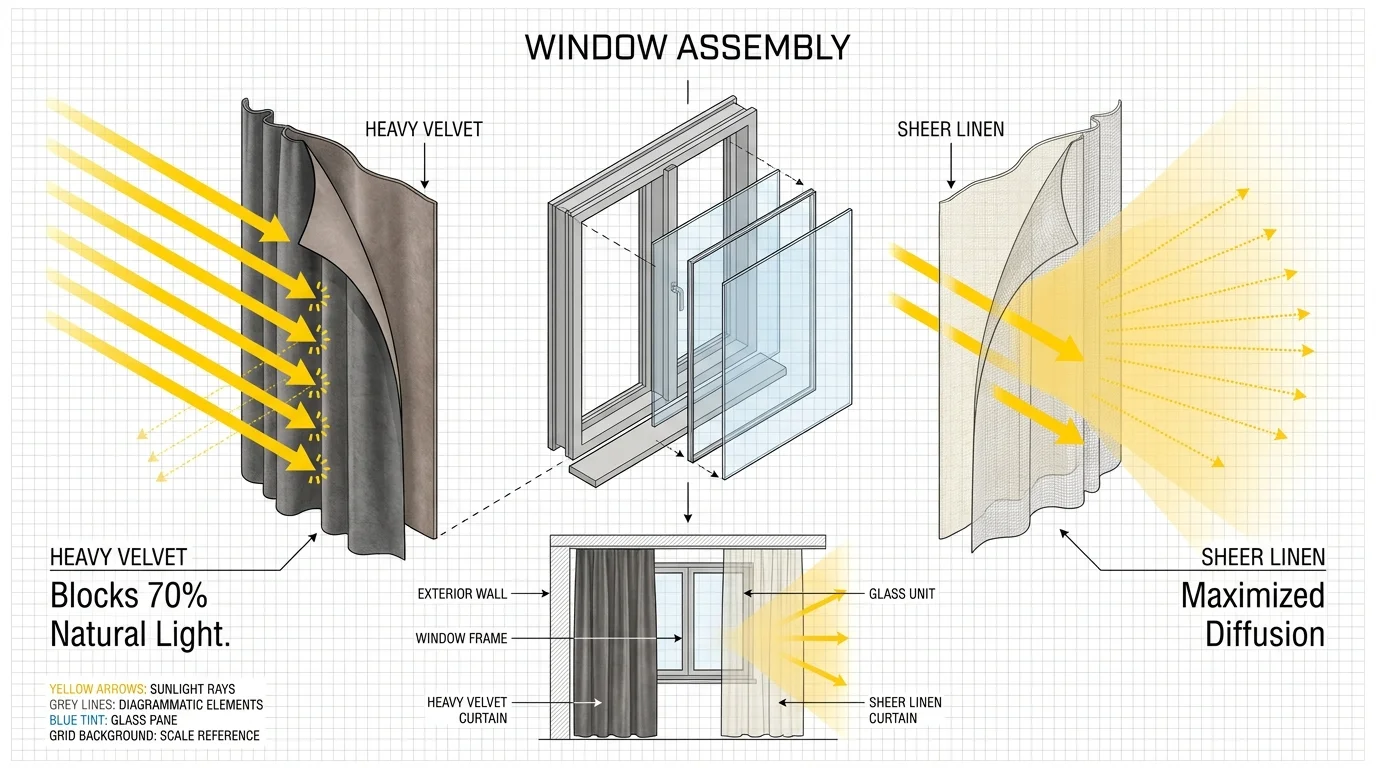 A diagram showing how heavy curtains block light while sheer curtains allow sunlight to fill and expand a room.