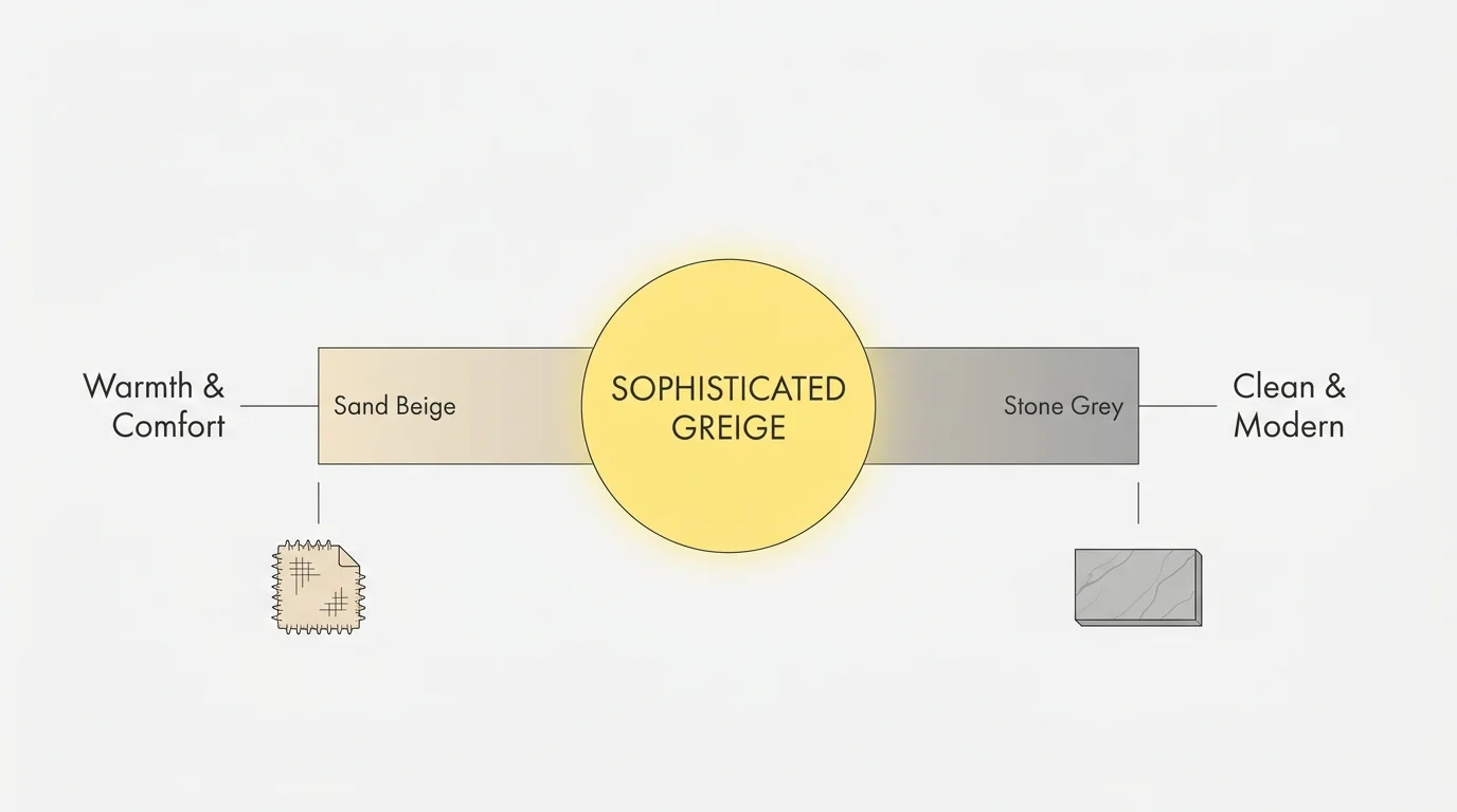 A diagram showing the color spectrum between beige and grey, identifying 'Greige' as the perfect middle ground.