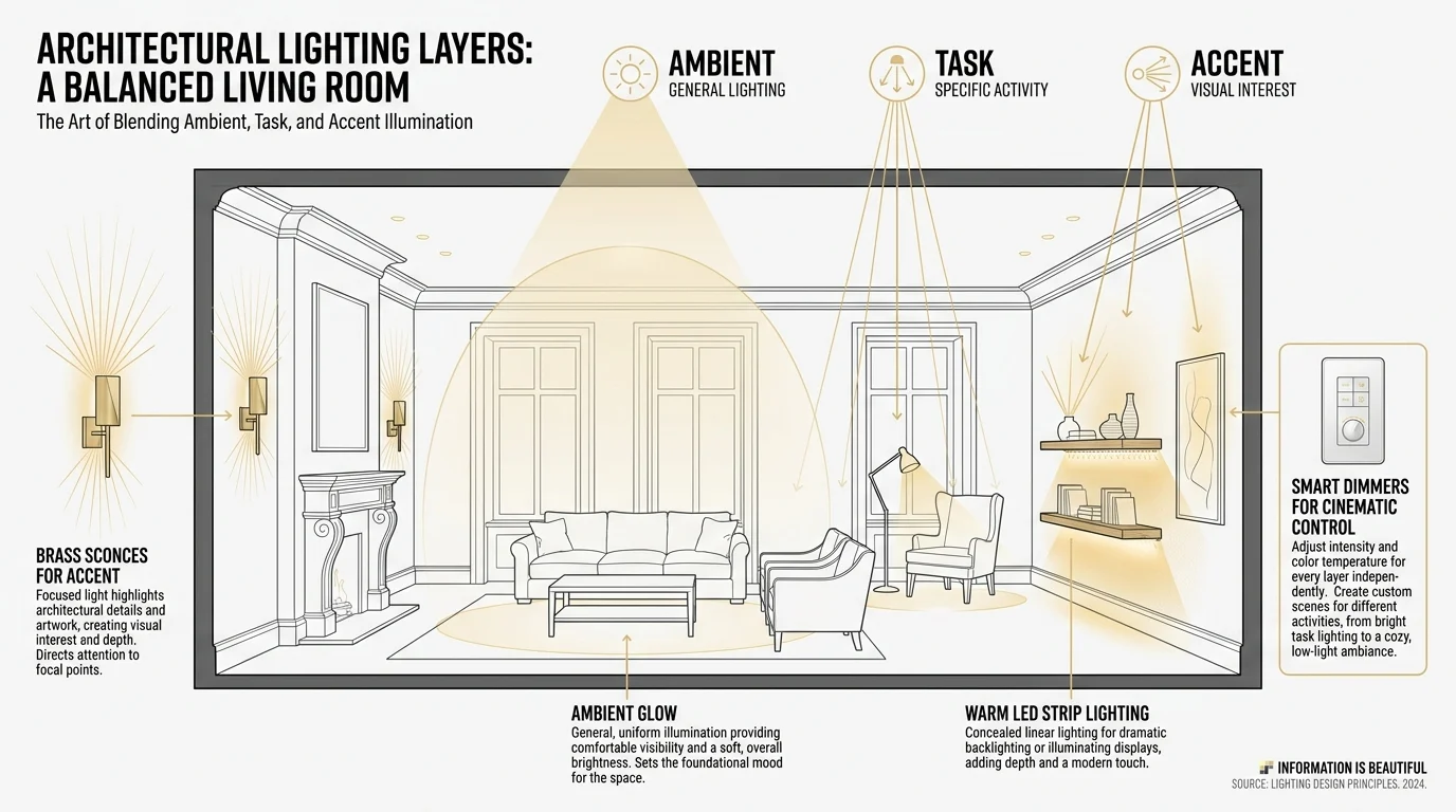 A diagram showing the placement of ambient, task, and accent lighting in a room to create depth.