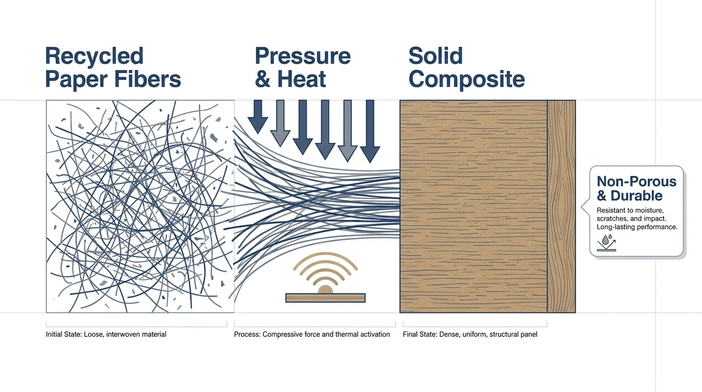 A diagram showing the process of compressing recycled paper into a solid, durable interior design material.