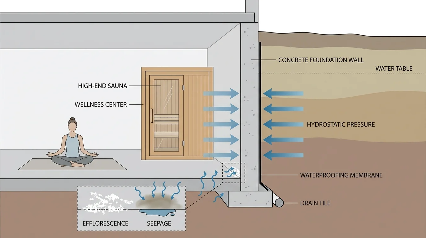 A diagram showing water pressure from outside soil pushing against a basement wall decorated as a home gym.