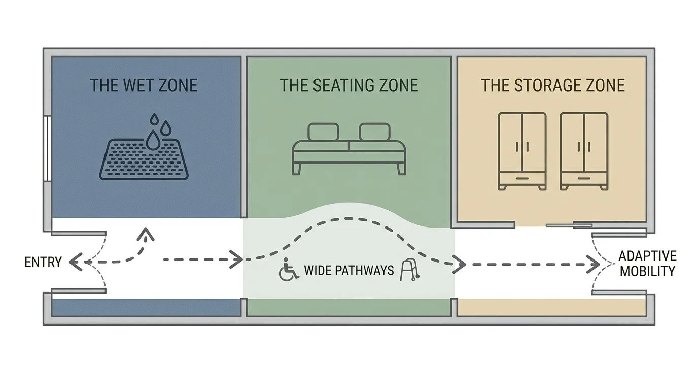 A floor plan diagram showing a mudroom divided into wet, seating, and storage zones with wide paths for mobility aids.