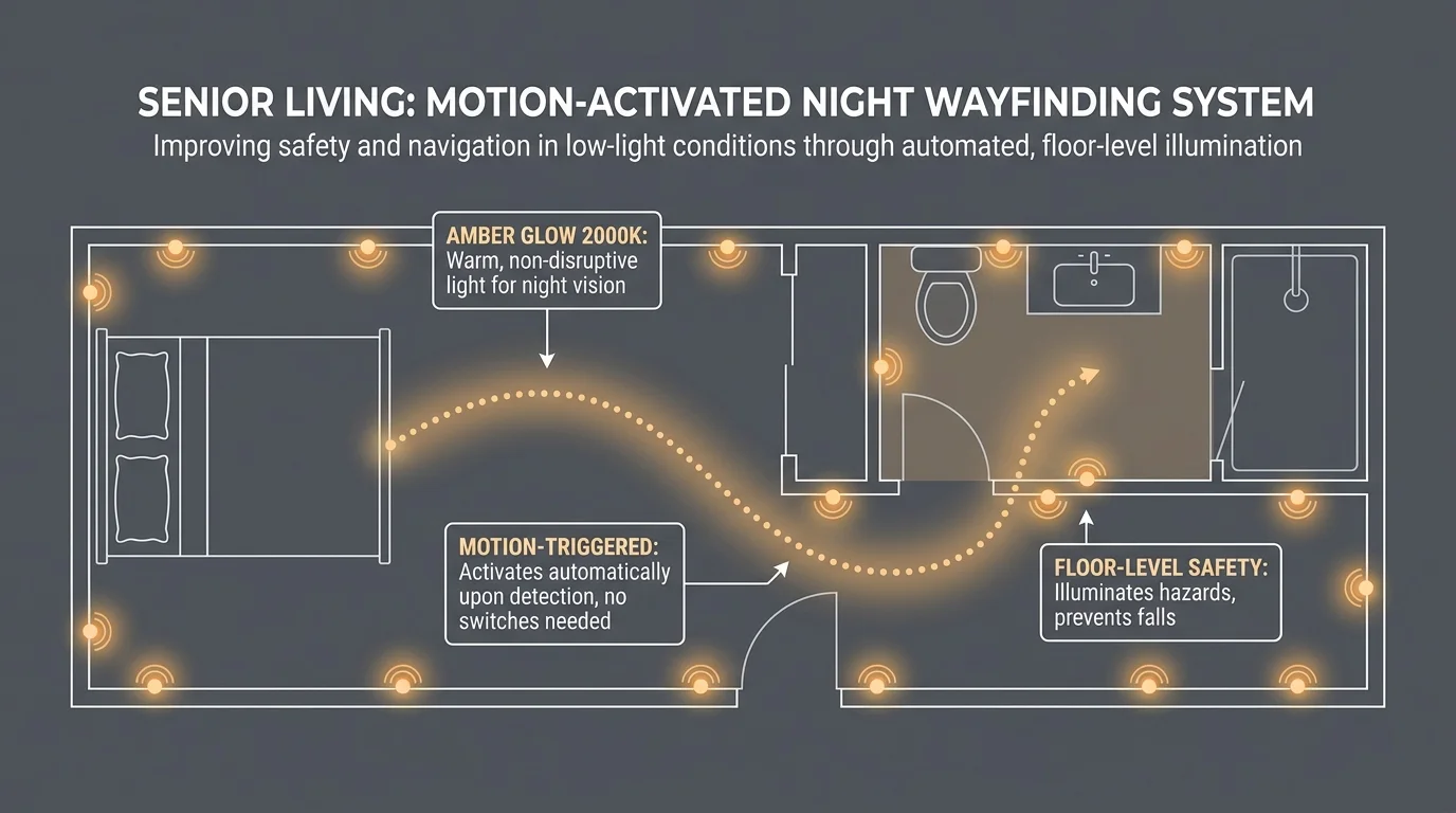 A floor plan diagram showing a path of motion-activated amber lights from a bed to a bathroom for safe nighttime navigation.