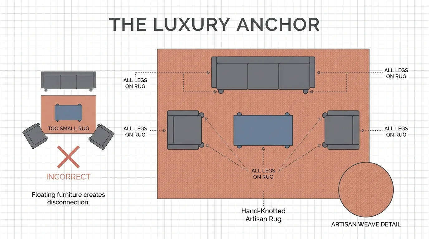 A floor plan diagram showing furniture correctly placed entirely on a large area rug versus a rug that is too small.