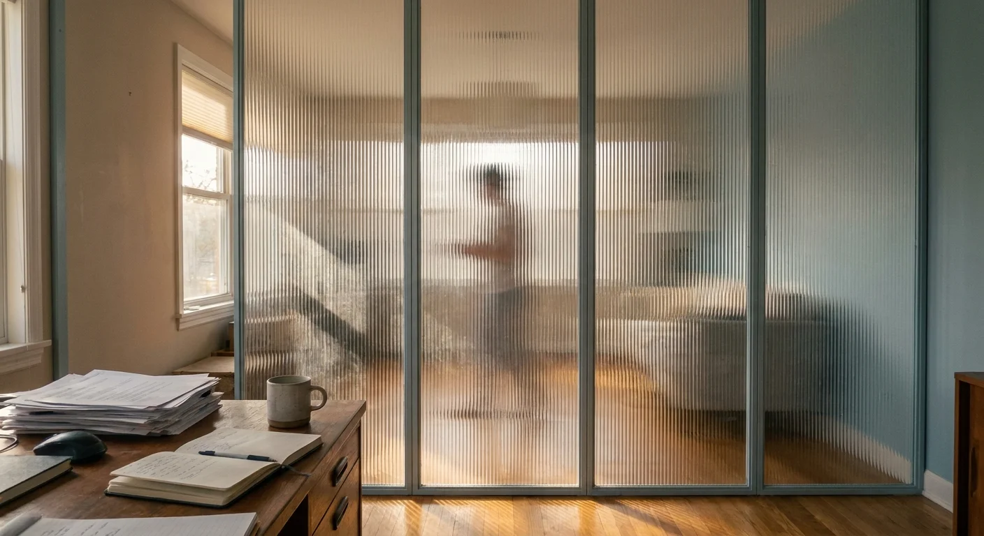A fluted glass room divider in a home office, showing how it diffuses light and provides privacy without blocking it.