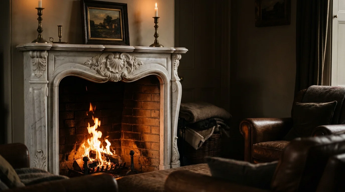 A glowing fire in a hearth framed by a white marble mantel with intricate leaf carvings and antique decor.