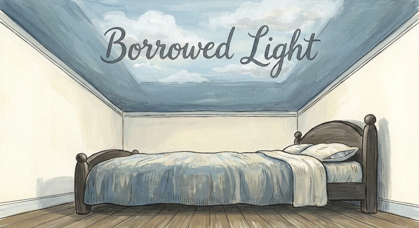 A gouache illustration of a bedroom where the light blue ceiling turns into a soft, cloud-filled sky, creating an infinite feel.