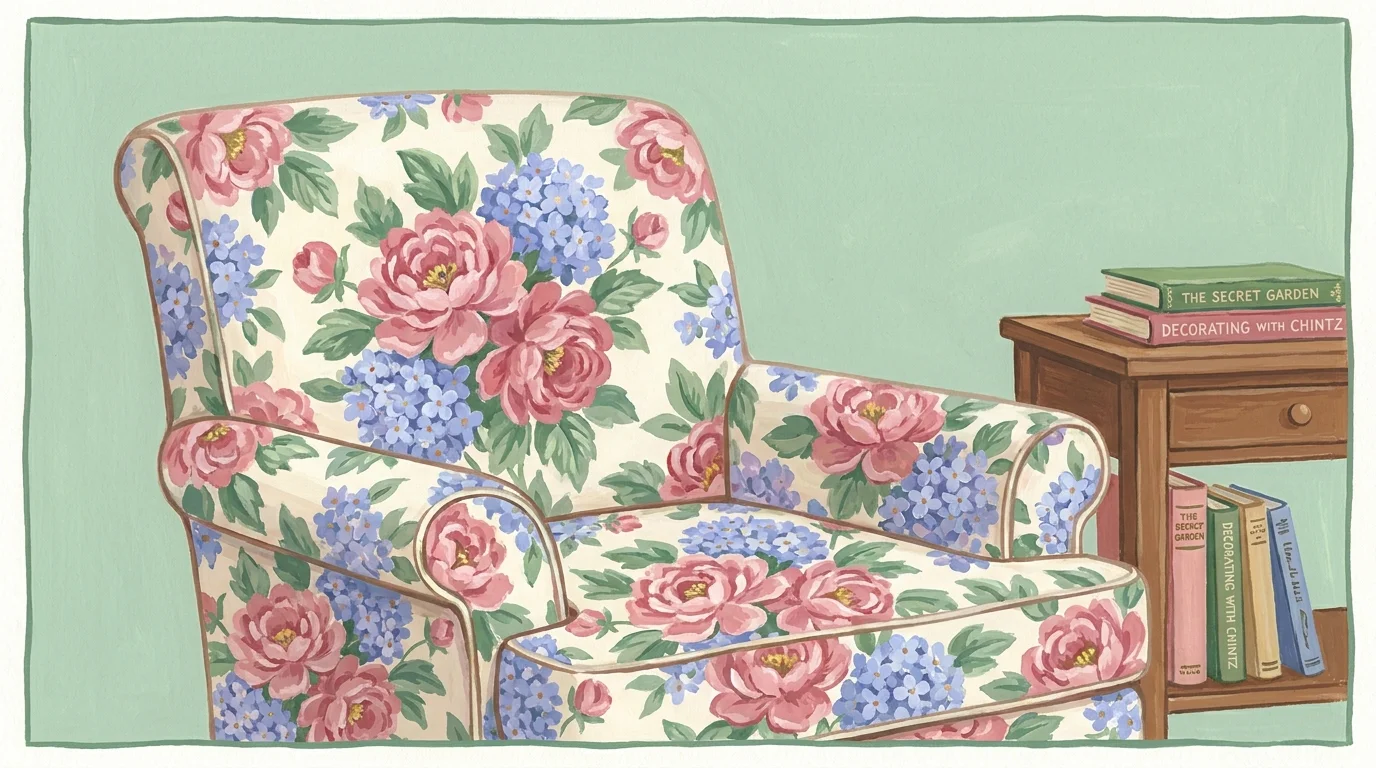 A gouache illustration of a floral chintz armchair in a cozy, sunlit corner with a side table.