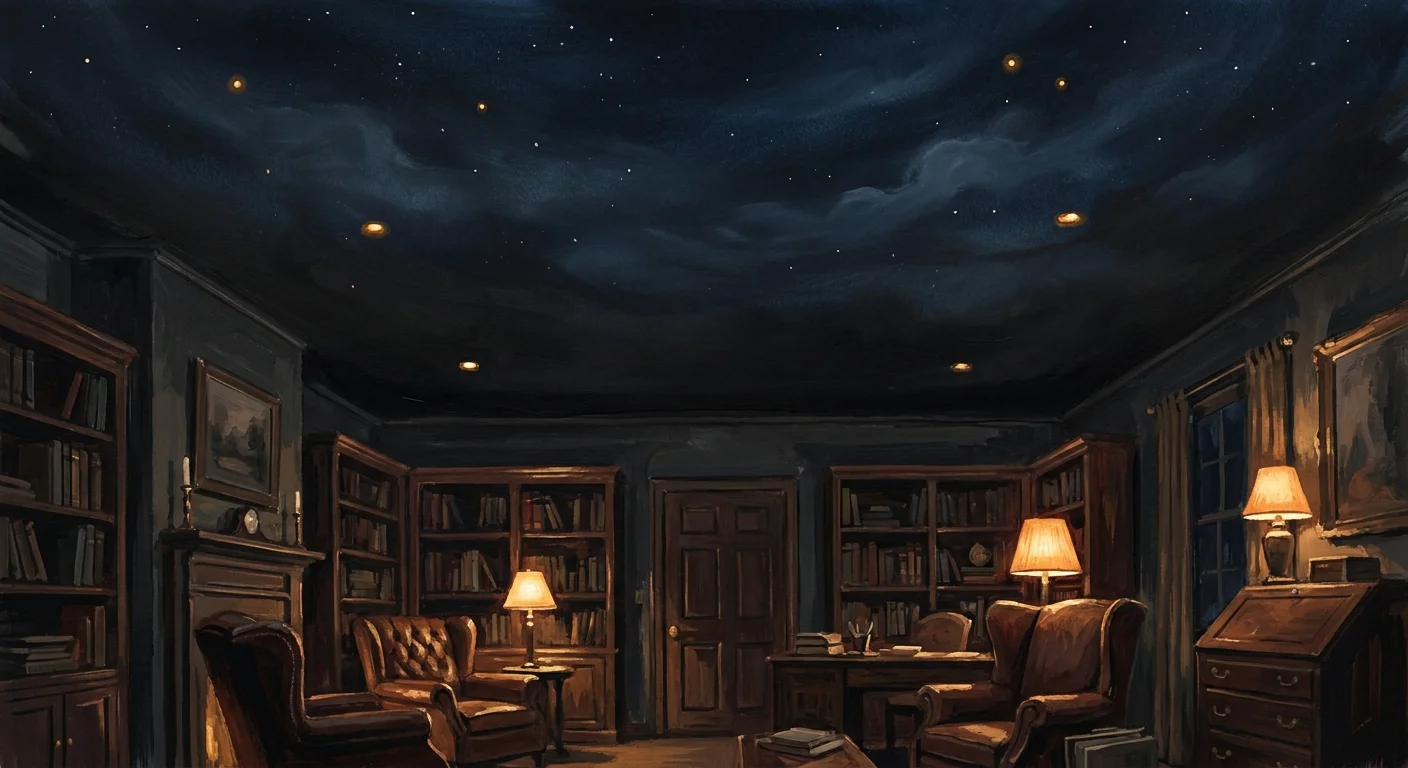 A gouache painting of a dark room where the charcoal ceiling fades into the shadows, making the ceiling height disappear.