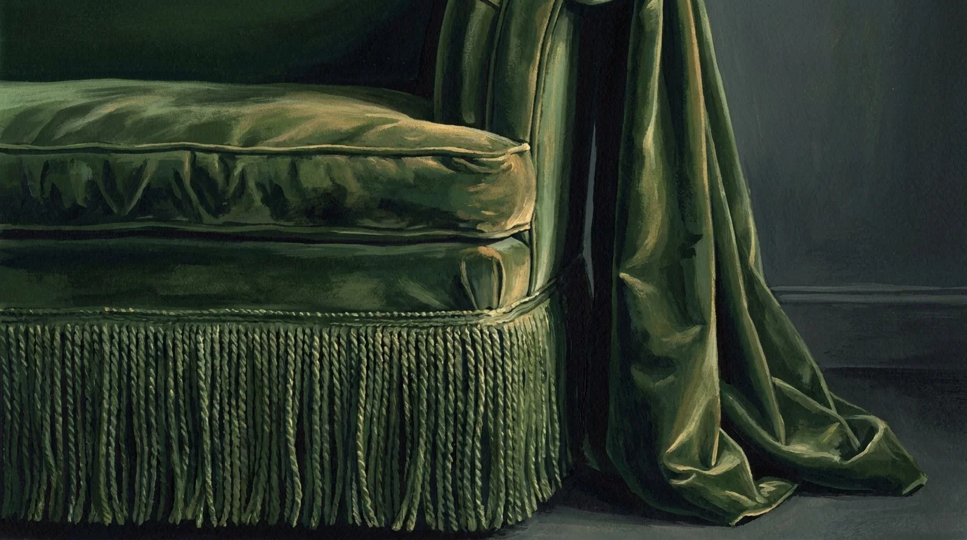 A gouache painting of a forest green velvet sofa with long bullion fringe at the base.