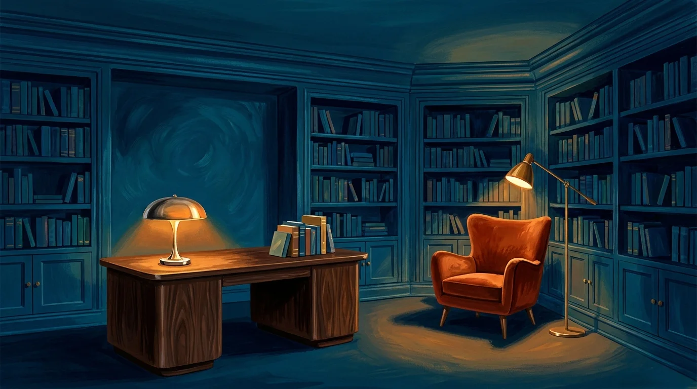 A gouache painting of a library drenched in deep navy blue paint, featuring walnut shelves and a rust-colored velvet chair.
