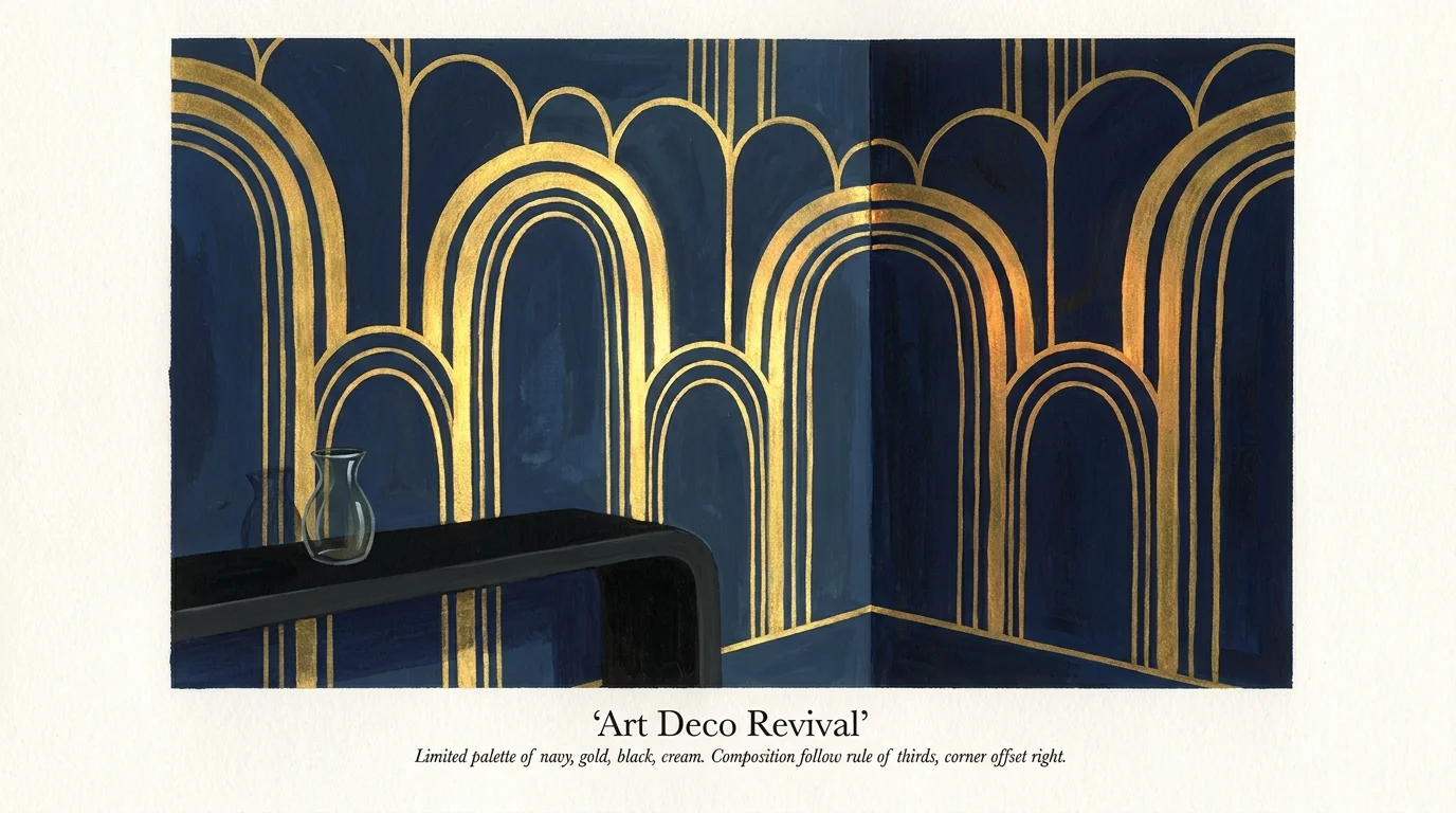 A gouache painting of navy and gold Art Deco wallpaper with a geometric arch pattern in a modern room.