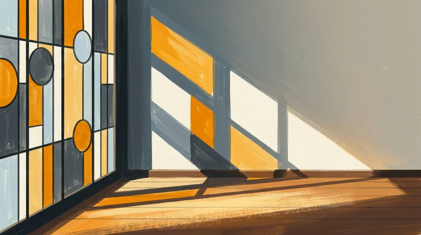 A gouache painting showing colored light beams passing through a geometric stained glass window onto a wall.