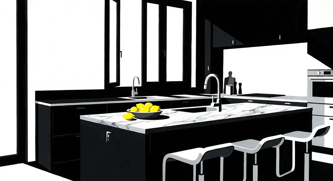 A graphic illustration of a modern kitchen with bold black window frames and a black island against white walls.