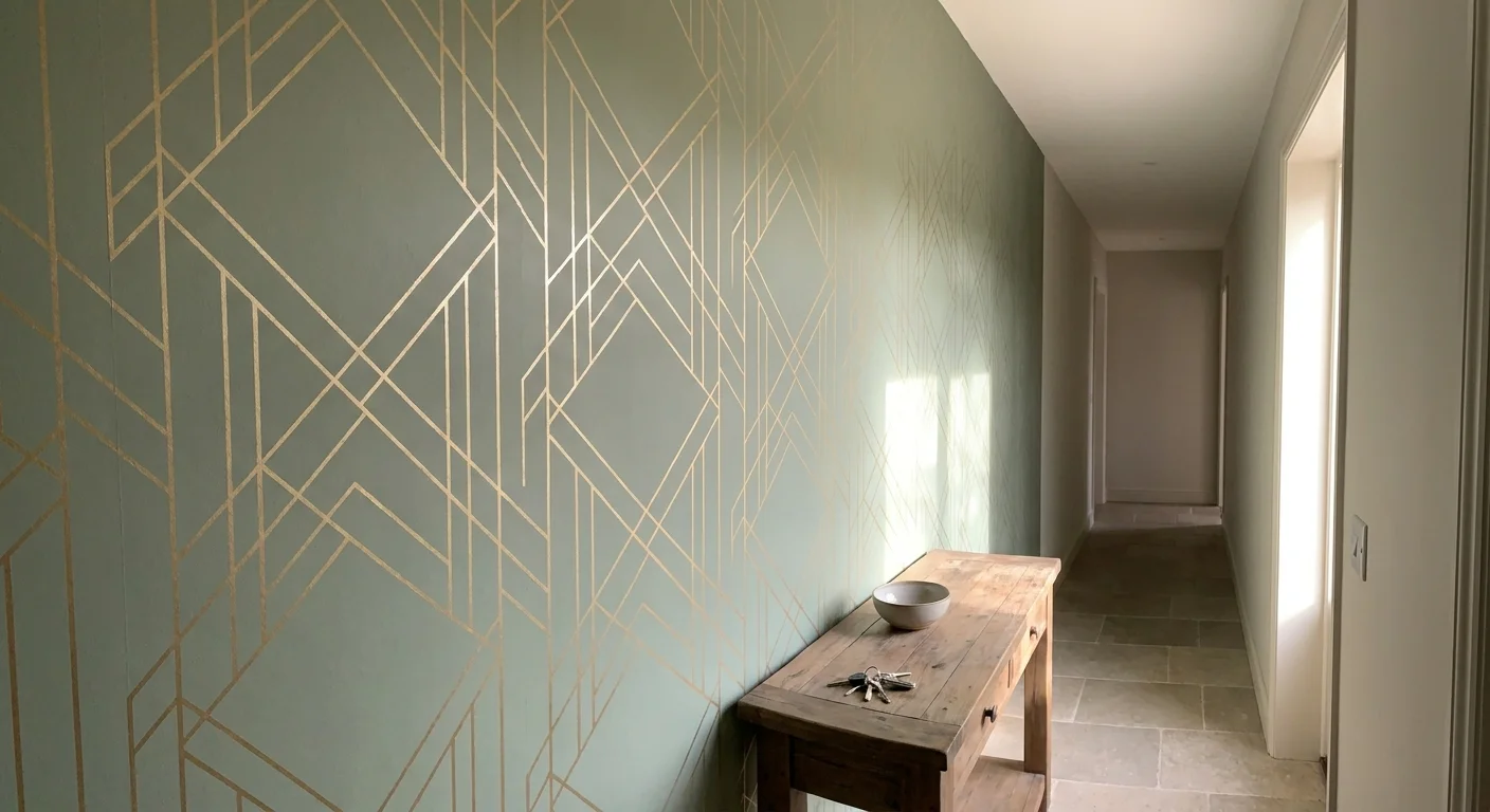 A hallway with geometric Art Deco wallpaper featuring thin metallic gold lines on a sage green background.
