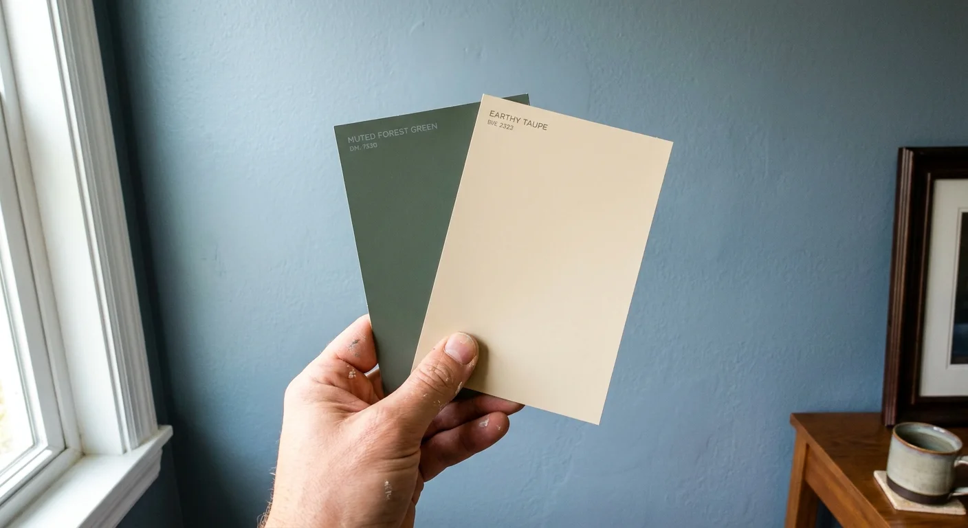 A hand holding warm taupe and green paint swatches against a cold gray wall to show a transition to modern, earthy neutrals.