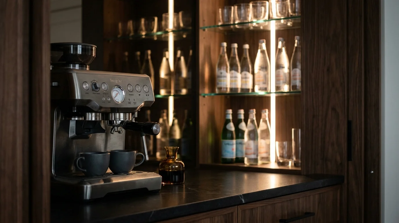 A high-end home coffee and beverage station with dark wood cabinetry and integrated lighting.