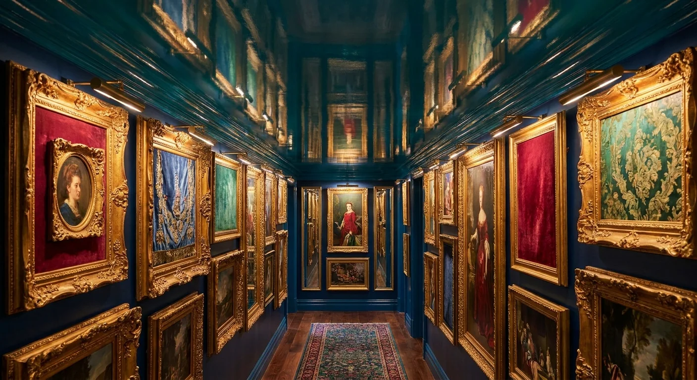 A high-gloss teal ceiling in a hallway filled with gold-framed art, reflecting the light and colors of the gallery.