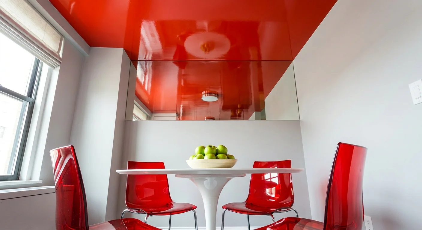 A high-gloss tomato red ceiling reflecting a modern white dining set in a bright, high-energy breakfast nook.