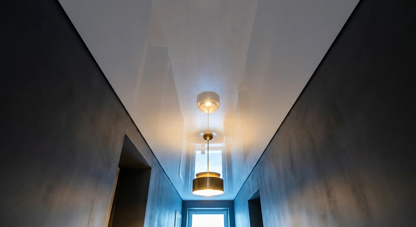 A high-gloss white ceiling in a hallway reflecting a brass light fixture like a mirror, doubling the sense of space.