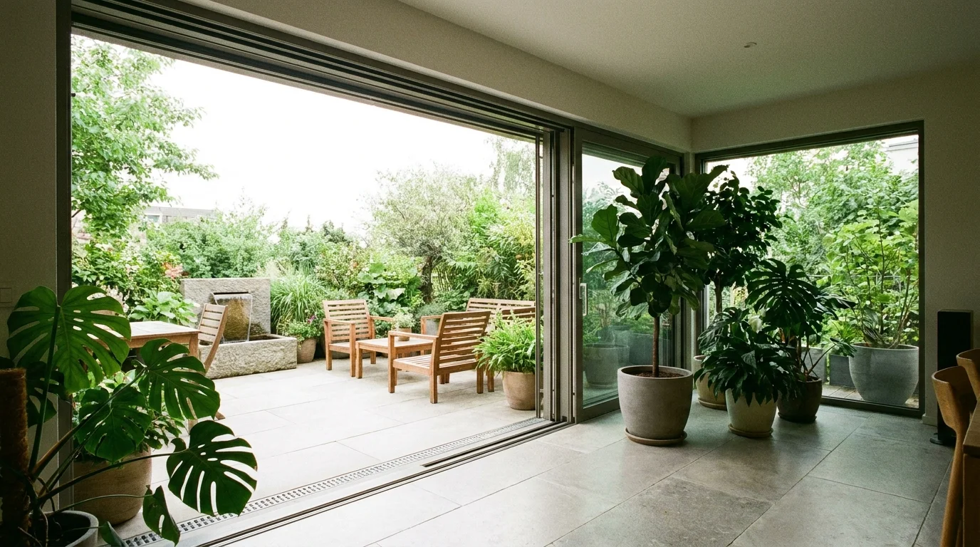 A home interior with floor-to-ceiling glass doors that open to a garden, featuring seamless stone flooring and many green plants.