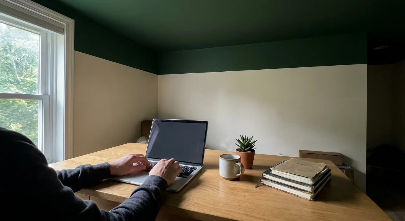 A home office with a dark forest green ceiling that extends down the walls, seen from a natural, everyday perspective.