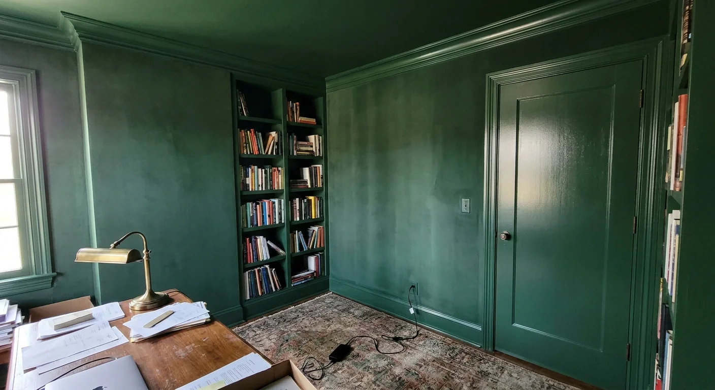 A home office with walls, ceiling, and trim all painted the same deep forest green, showing the effect of color drenching.