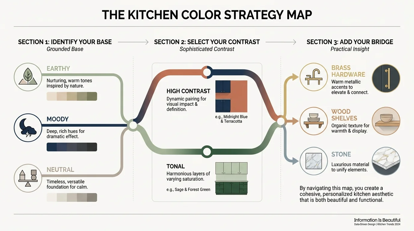 A horizontal flowchart infographic explaining how to choose and combine kitchen color trends.