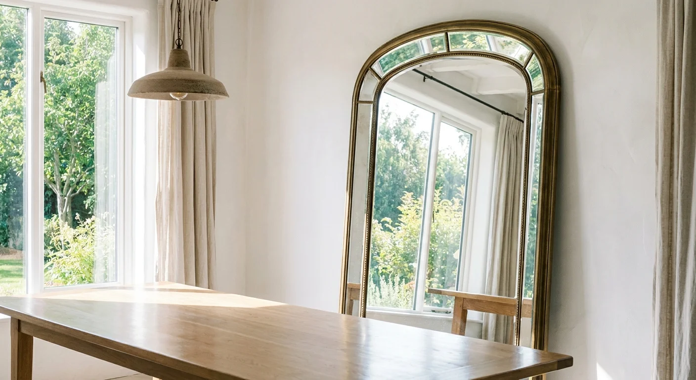 A large mirror leaning against a wall, reflecting a window and outdoor greenery to make the room feel twice as big.