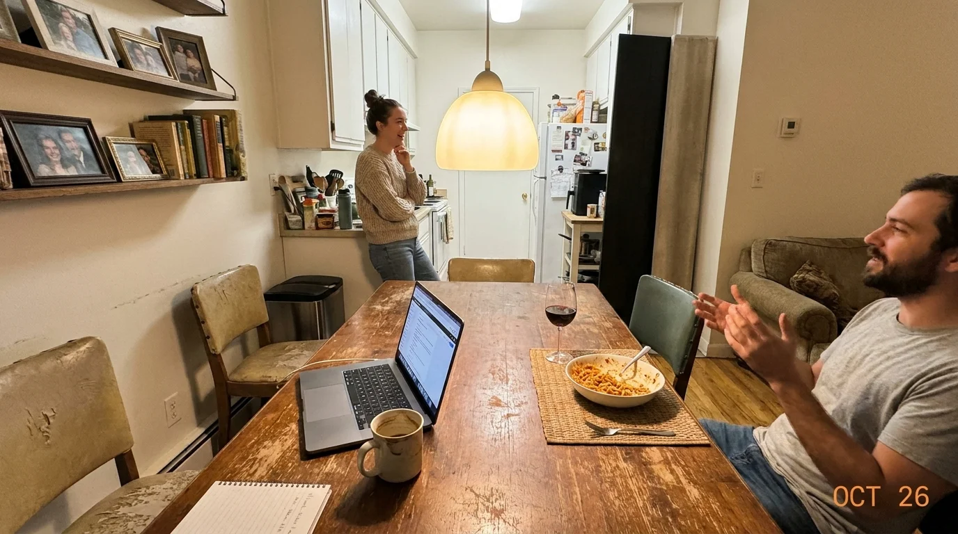 A large wooden dining table being used for work and a casual meal in a lived-in apartment setting.