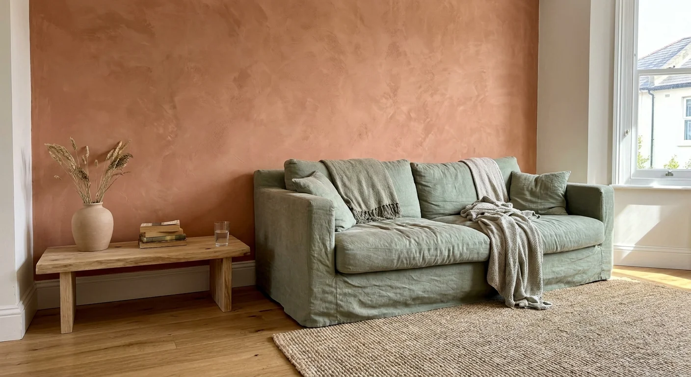 A living room featuring a textured terracotta wall, a sage green linen sofa, and a natural jute rug.