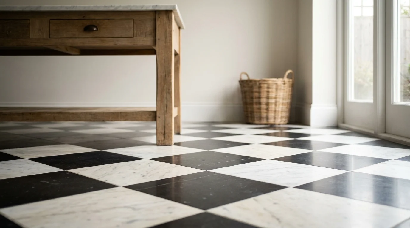 A low-angle photo of a black and white marble checkerboard floor in a sunlit kitchen.