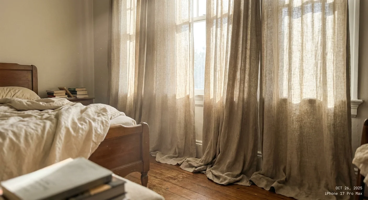 A low-angle photo of tall, oatmeal-colored linen curtains hanging from the ceiling to the floor in a sunlit bedroom.