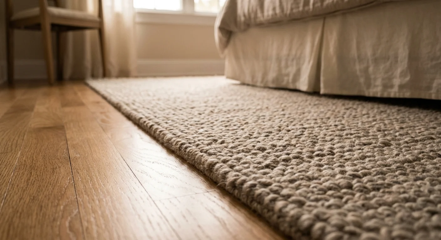 A low-angle shot of a thick wool rug on a hardwood floor, illustrating how soft surfaces dampen noise in the bedroom.
