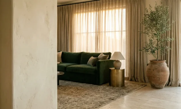 A luxurious home living room with a green velvet sofa, linen curtains, and warm lighting, inspired by high-end hotel design.