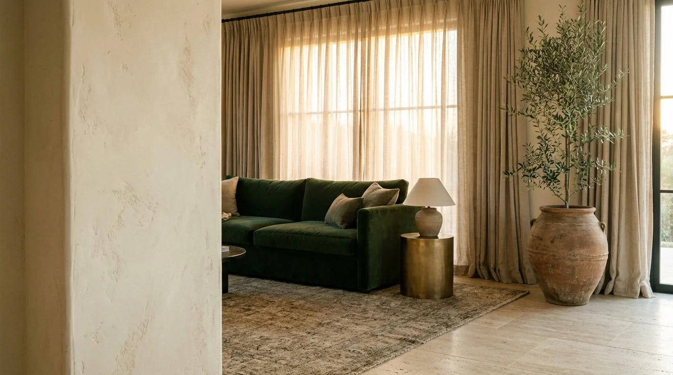 A luxurious home living room with a green velvet sofa, linen curtains, and warm lighting, inspired by high-end hotel design.