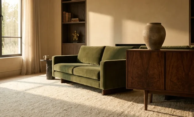 A luxurious living room featuring a green velvet sofa, a burled wood credenza, and lime-wash walls under soft afternoon sunlight.