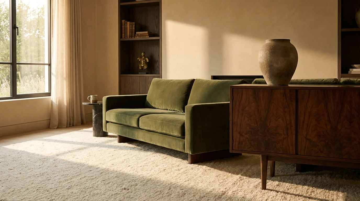 A luxurious living room featuring a green velvet sofa, a burled wood credenza, and lime-wash walls under soft afternoon sunlight.