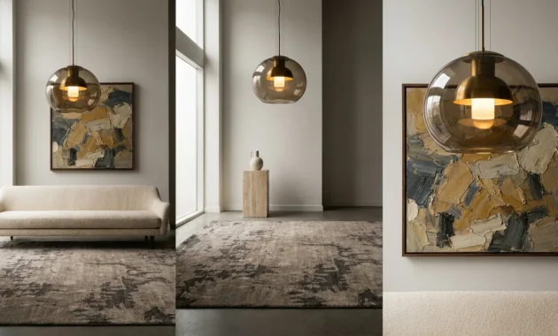 A luxurious living room featuring an oversized abstract painting, a brass architectural chandelier, and a large hand-knotted rug.