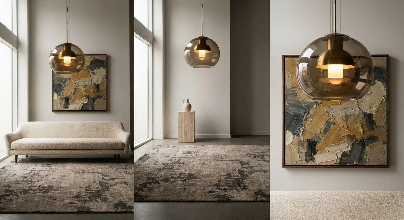 A luxurious living room featuring an oversized abstract painting, a brass architectural chandelier, and a large hand-knotted rug.
