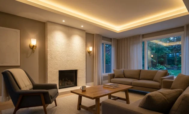 A luxurious living room featuring layered ambient lighting, including cove lights, recessed cans, and elegant wall sconces in a warm palette