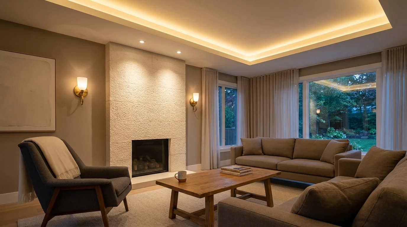A luxurious living room featuring layered ambient lighting, including cove lights, recessed cans, and elegant wall sconces in a warm palette