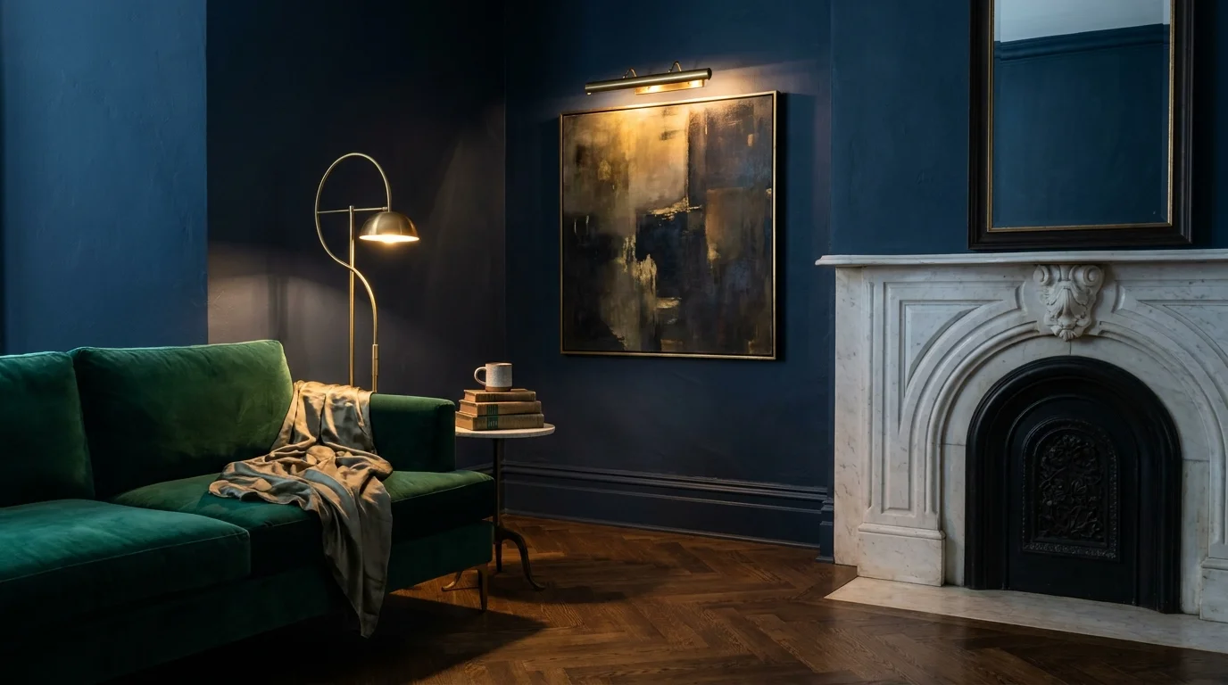 A luxurious living room in an older home featuring navy walls, a marble fireplace, and elegant layered lighting.