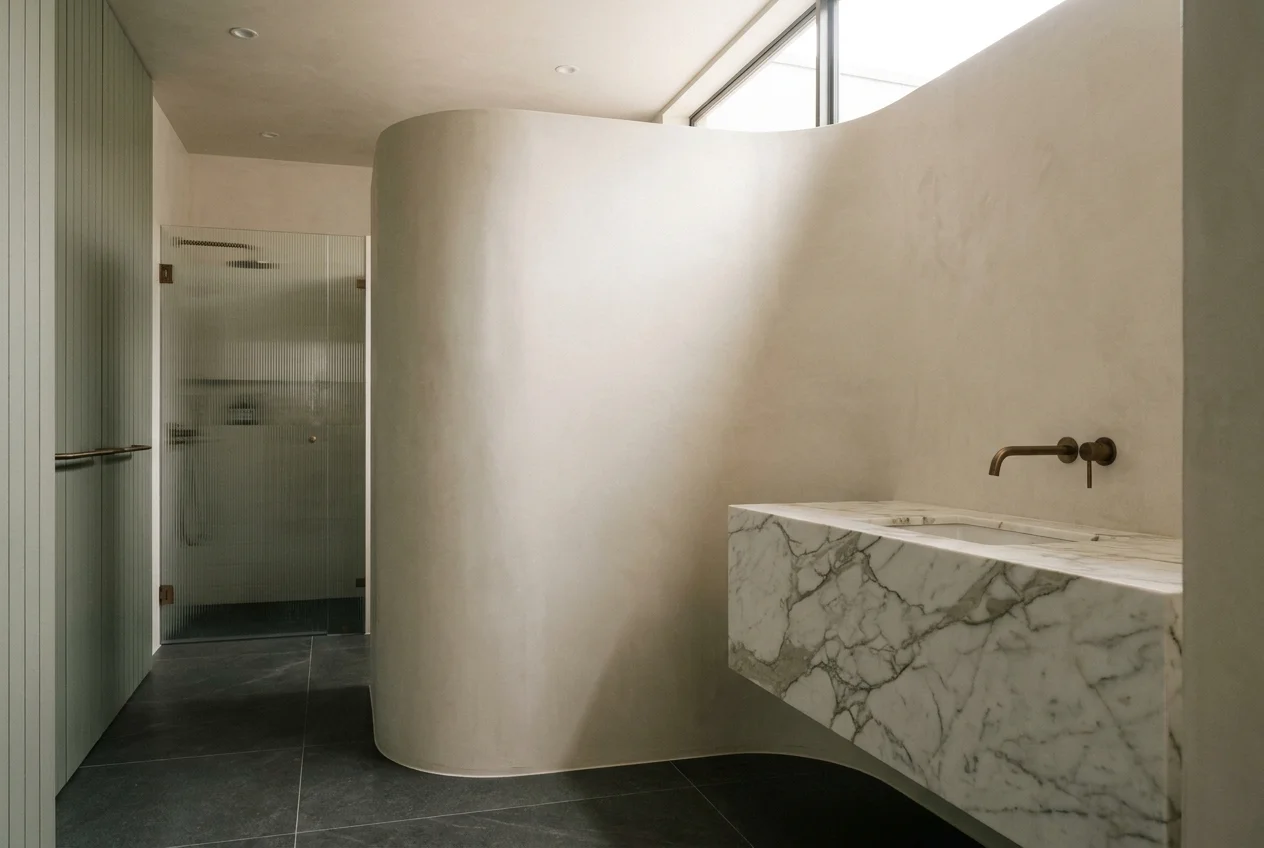 A luxury bathroom featuring seamless bone-colored plaster walls, a large marble vanity, and dark floor slabs under soft natural light.