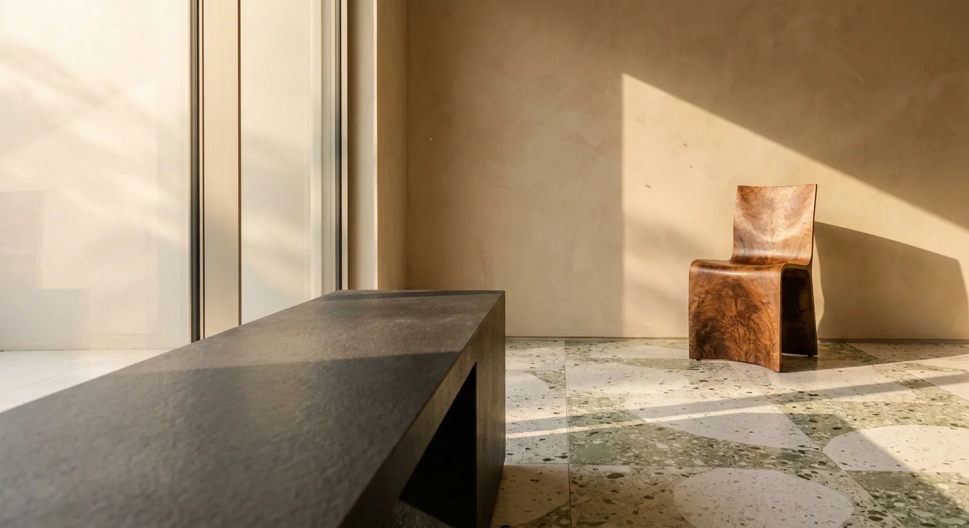 A luxury home interior showing a charcoal stone bench, terrazzo flooring, and sand-colored plaster walls in soft morning light.