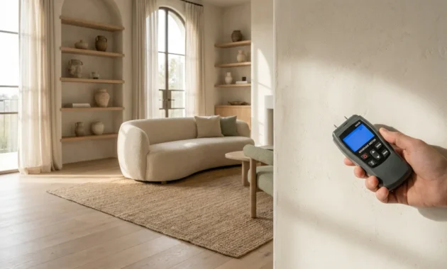 A luxury living room with white bouclé furniture and arched doorways, with a moisture meter being used on the wall in the foreground.