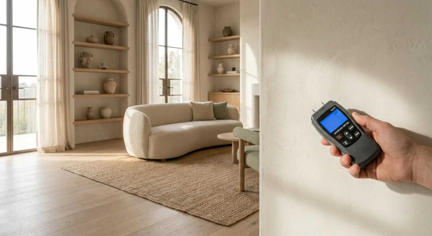 A luxury living room with white bouclé furniture and arched doorways, with a moisture meter being used on the wall in the foreground.